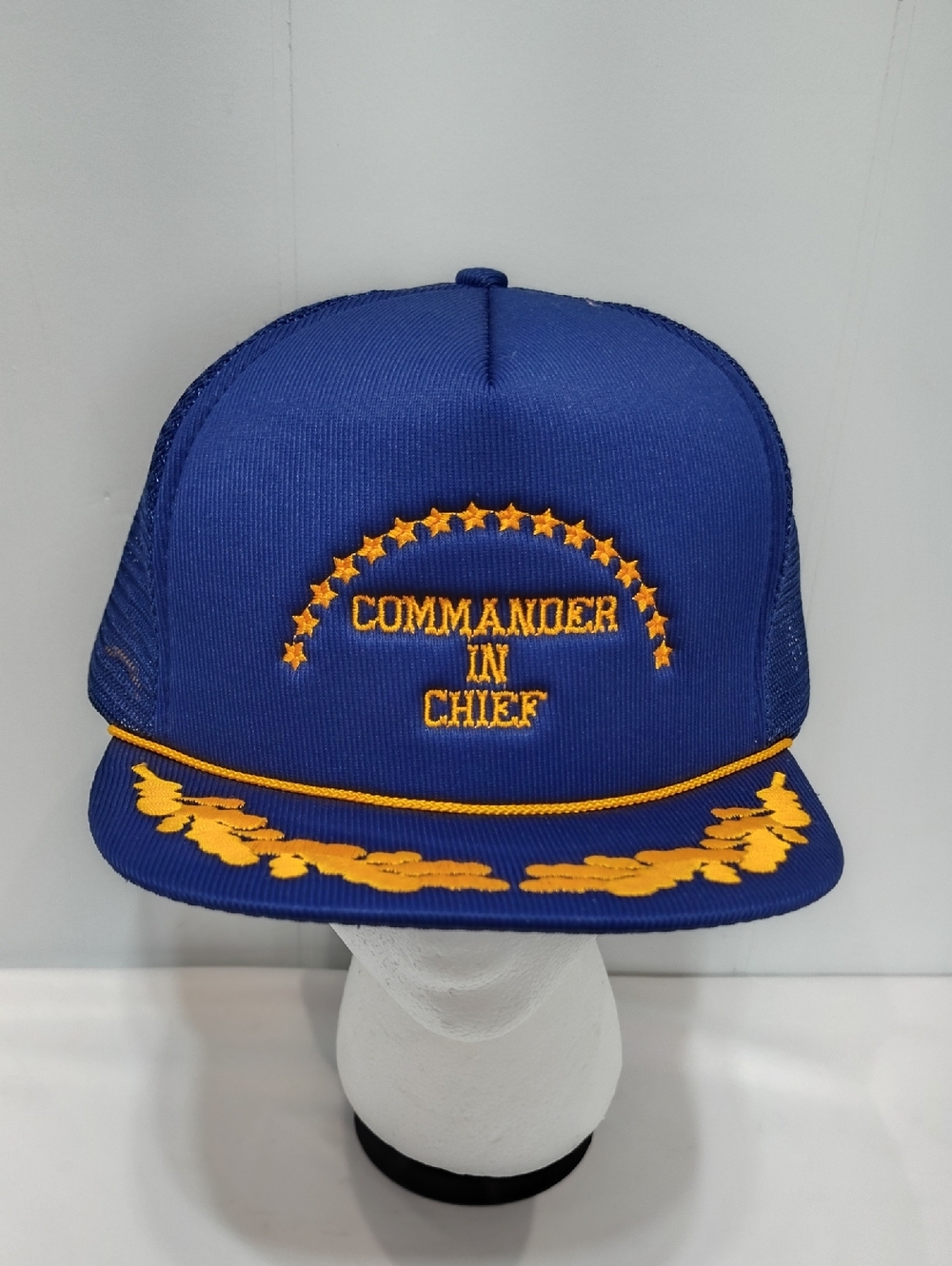 Vintage 80s 90s Commander In Chief Trucker Hat Navy Gold Rope Snapback Mesh Cap